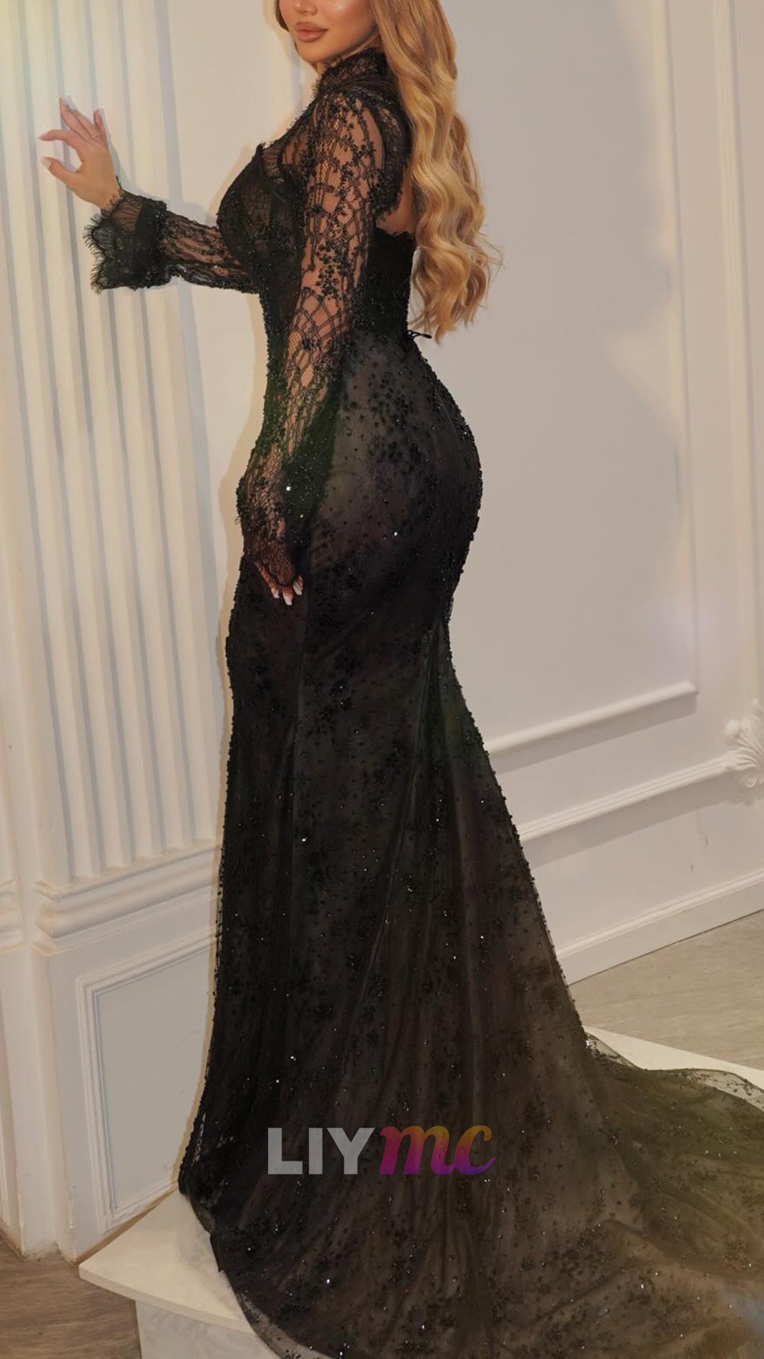 Square Long Sleeves Sequins Appliques Lace Mermaid Evening Dress