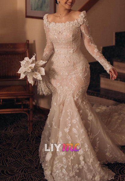 Square Long Sleeves Sequins Lace Appliques Mermaid Wedding Dress