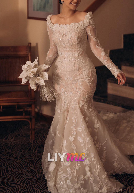 Square Long Sleeves Sequins Lace Appliques Mermaid Wedding Dress