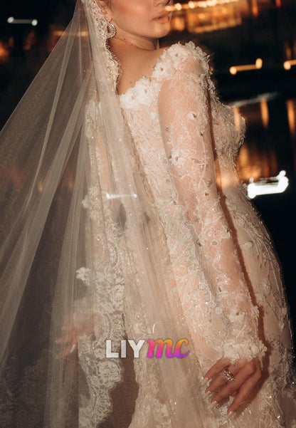 Square Long Sleeves Sequins Lace Appliques Mermaid Wedding Dress