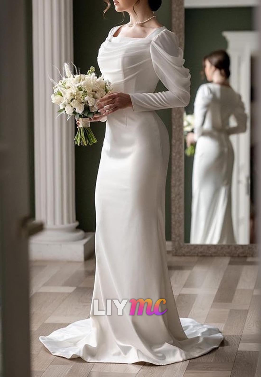 Square Long Sleeves Sleek Mermaid Classic Wedding Dress
