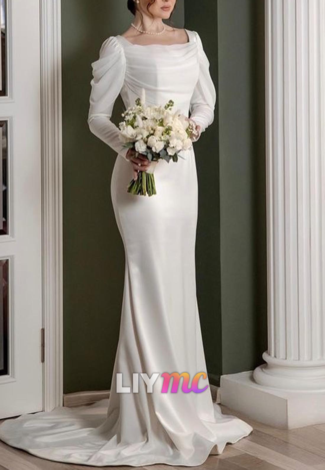 Square Long Sleeves Sleek Mermaid Classic Wedding Dress