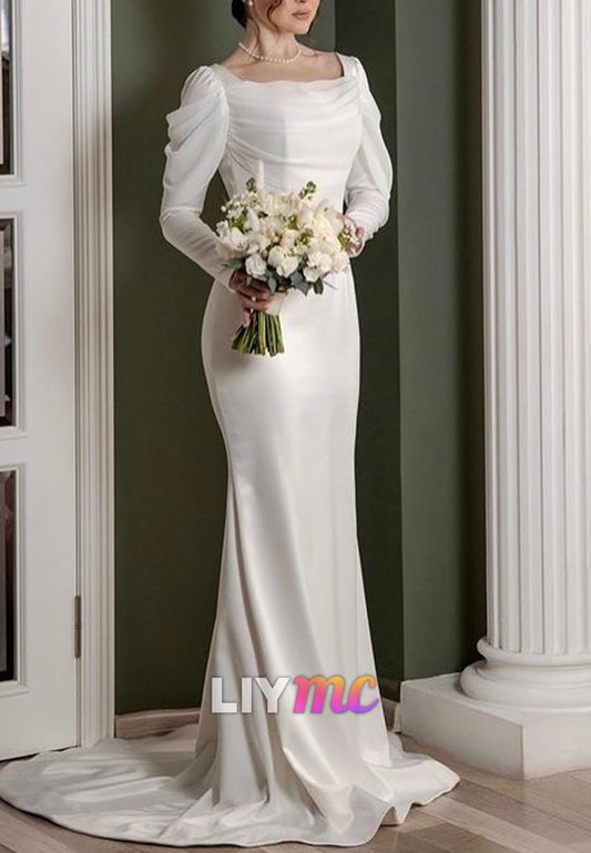 Square Long Sleeves Sleek Mermaid Classic Wedding Dress