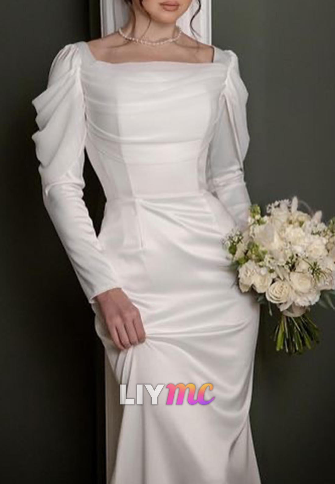 Square Long Sleeves Sleek Mermaid Classic Wedding Dress
