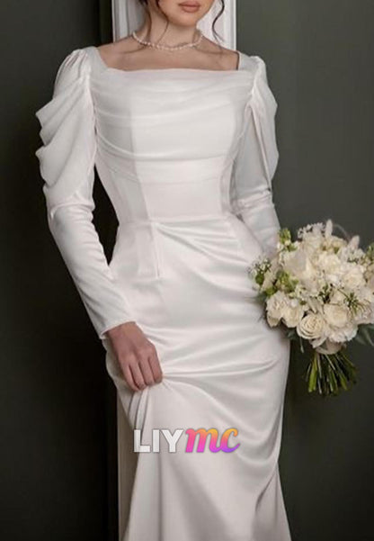 Square Long Sleeves Sleek Mermaid Classic Wedding Dress