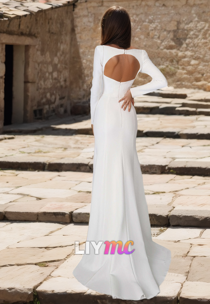 Square Long Sleeves Sleek Mermaid Simple Wedding Dress