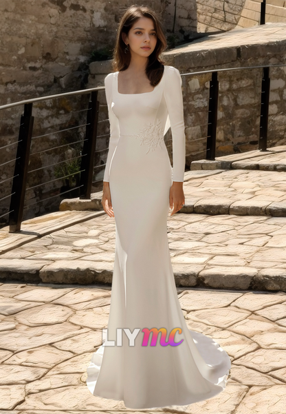 Square Long Sleeves Sleek Mermaid Simple Wedding Dress