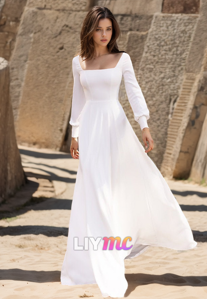 Square Long Sleeves Sleek Pleated A-Line Simple Wedding Dress