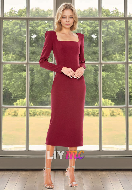 Square Long Sleeves Sleek Sheath Burgundy Mother of Bride Dress