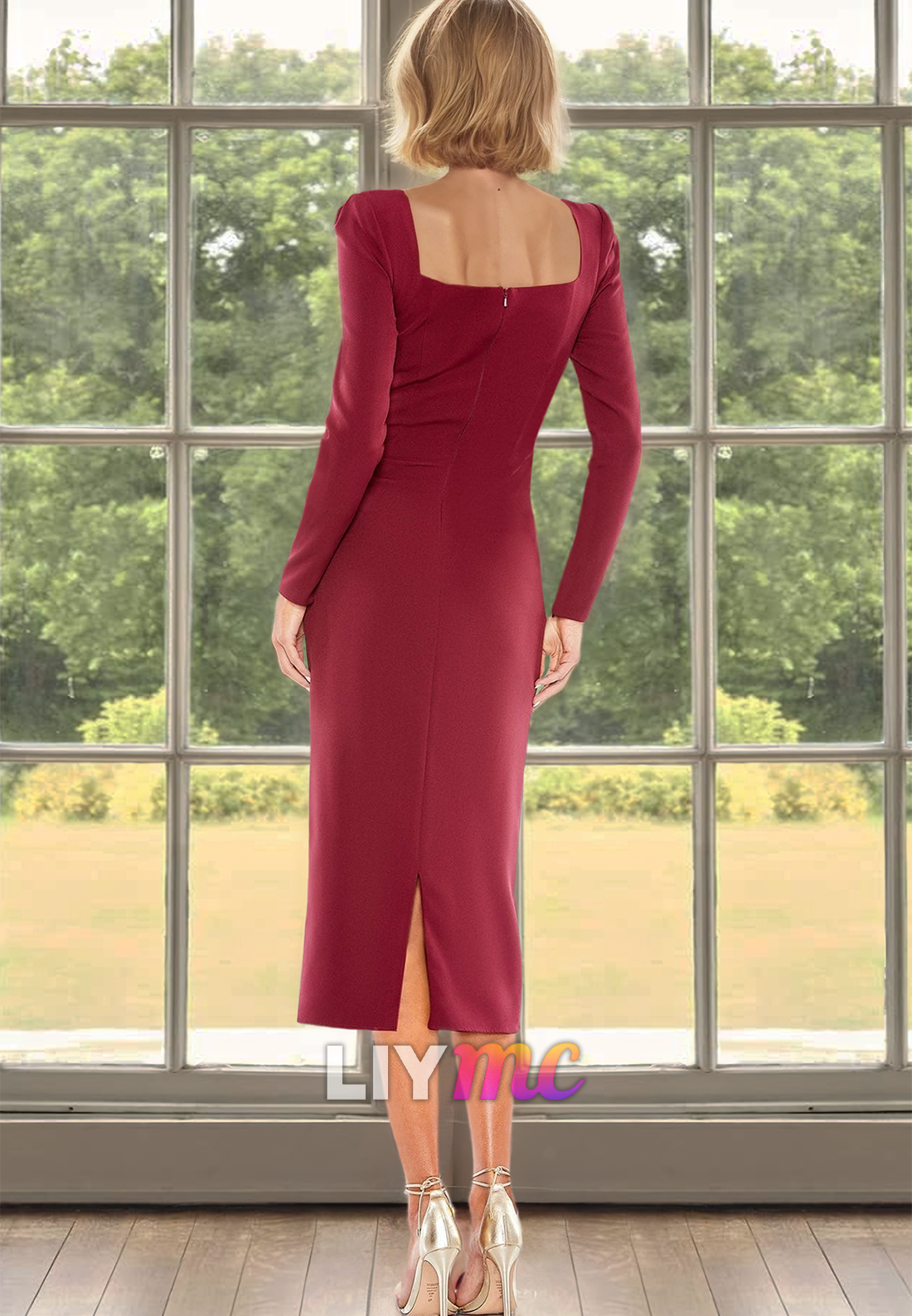 Square Long Sleeves Sleek Sheath Burgundy Mother of Bride Dress