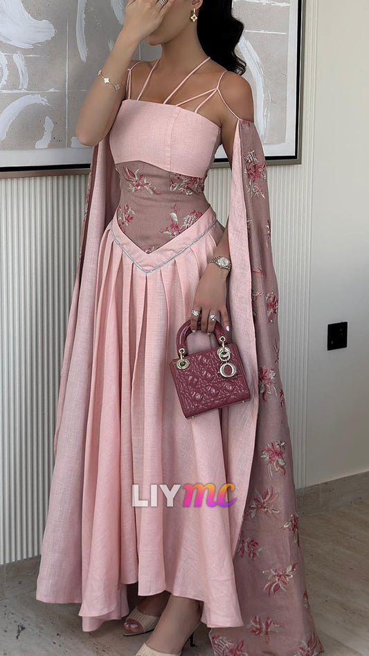 Square Long Sleeves Spaghetti Straps Appliques A-Line Evening Dress