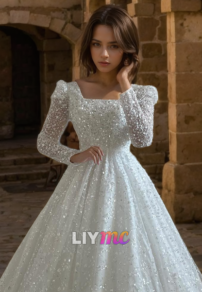 Square Long Sleeves Sparkly Ball Gown A-Line Wedding Dress