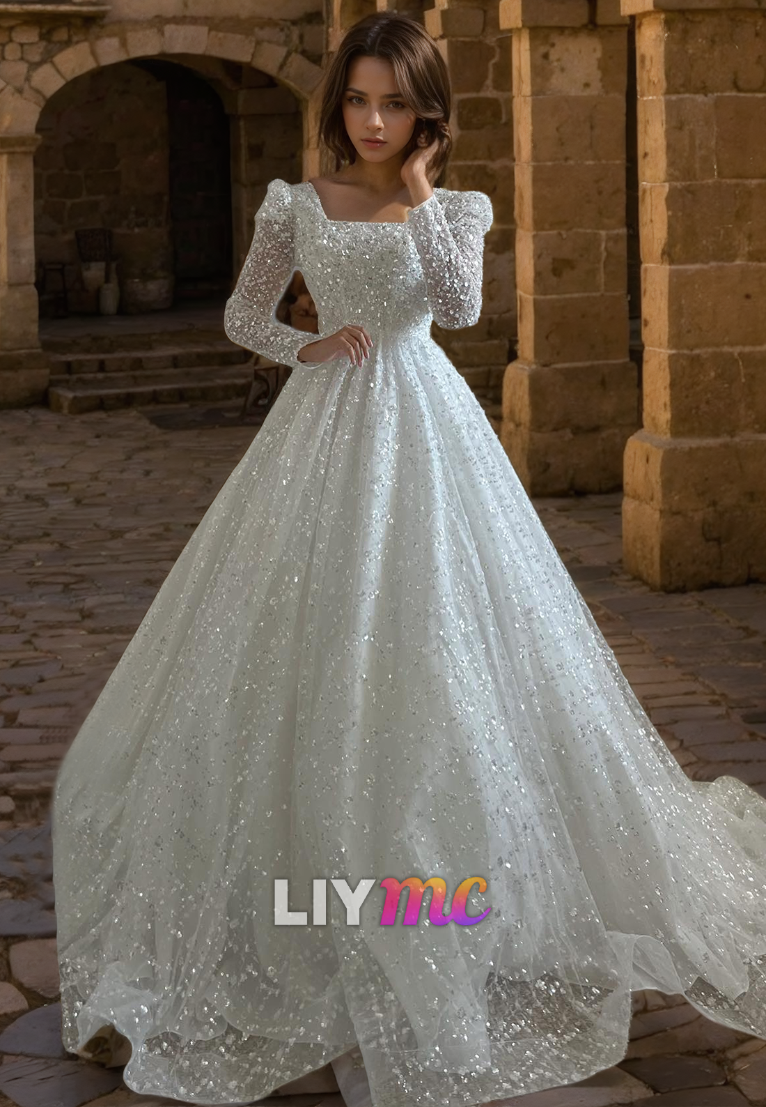 Square Long Sleeves Sparkly Ball Gown A-Line Wedding Dress