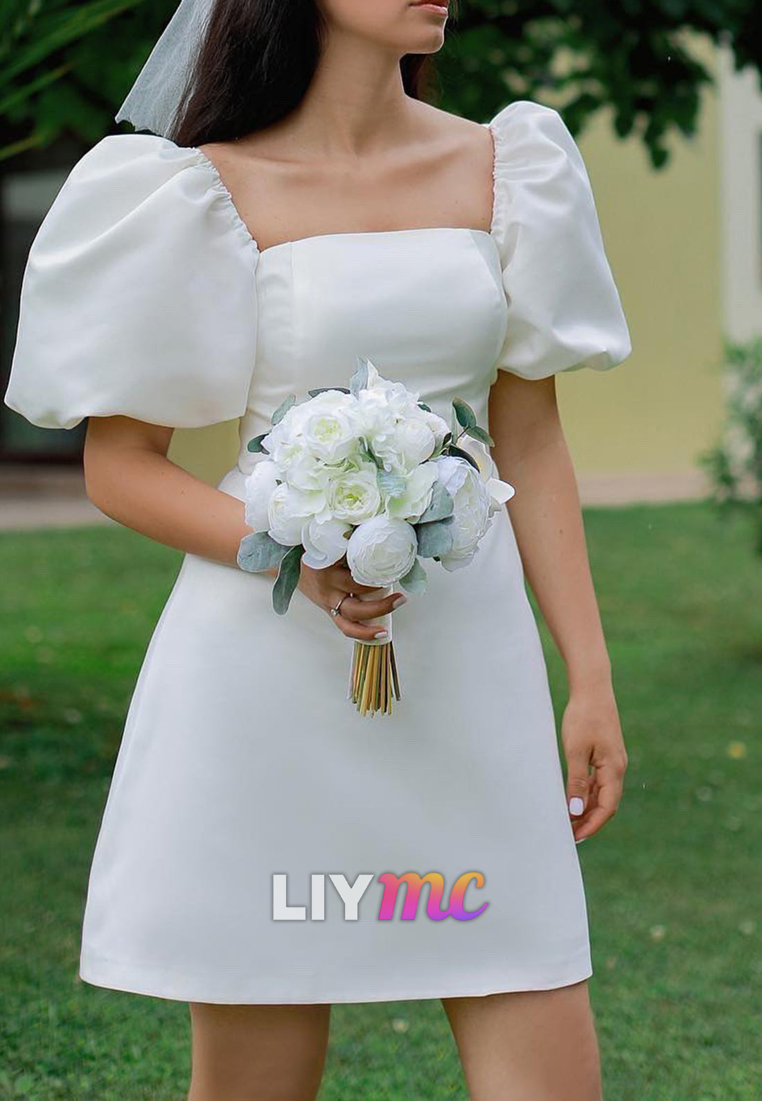 Square Puff Sleeves A-Line Short Beach Wedding Dress