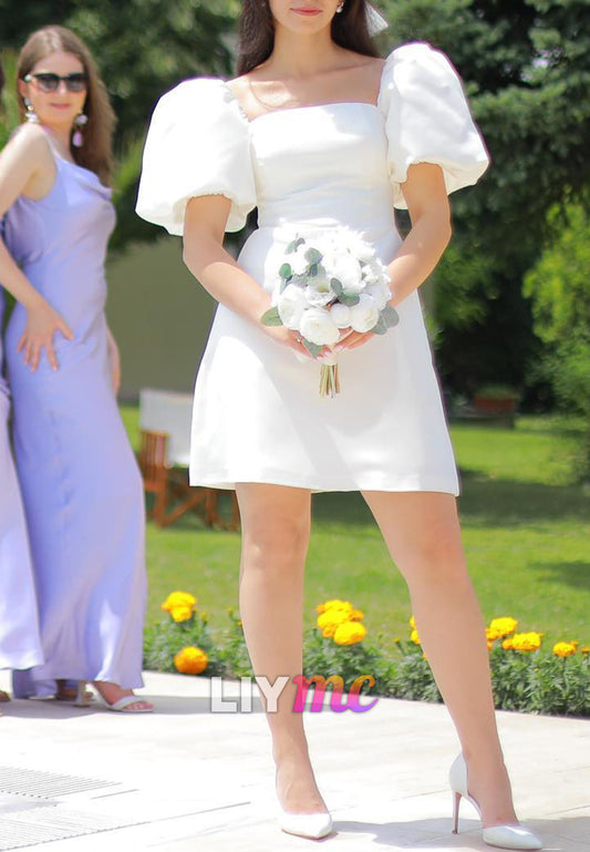 Square Puff Sleeves A-Line Short Beach Wedding Dress
