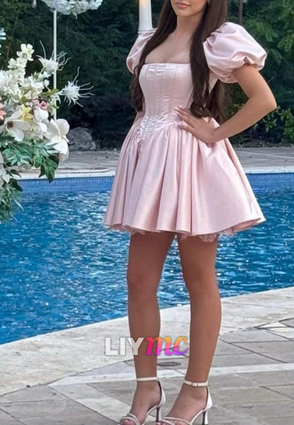 Square Puff Sleeves Pleated A-Line Party Homecoming Dress