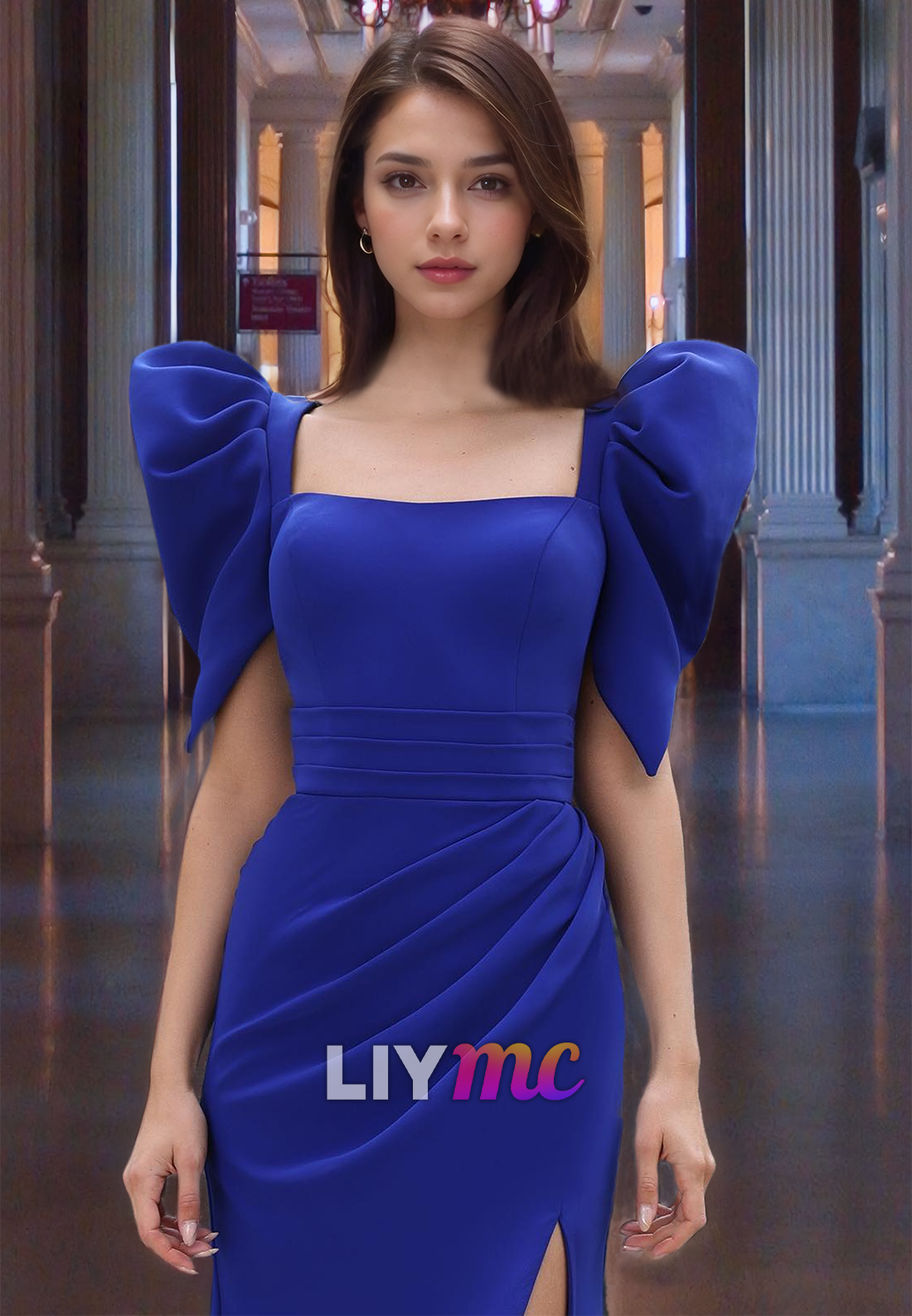 Square Puff Sleeves Ruched High Slit Sheath Formal Dress