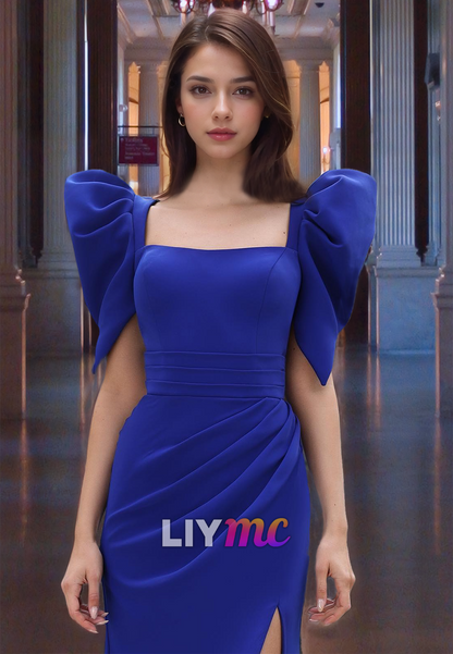 Square Puff Sleeves Ruched High Slit Sheath Formal Dress