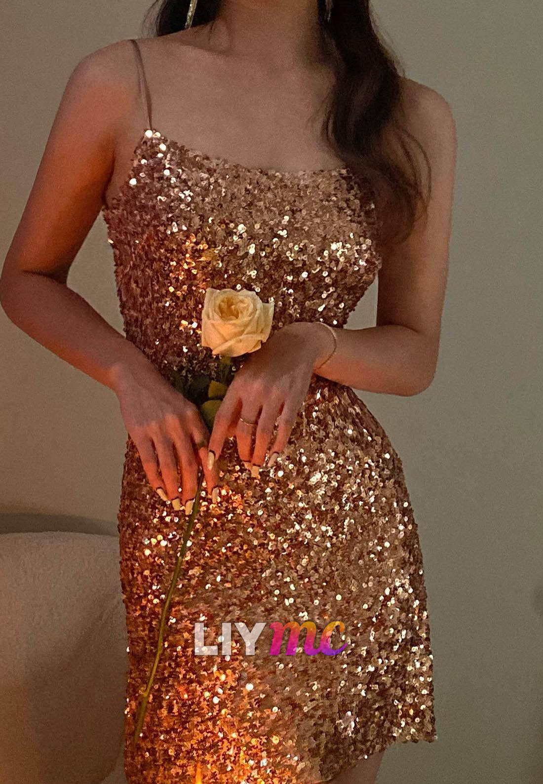 Square Sequins Spaghetti Straps Sheath Sparkly Party Homecoming Dress