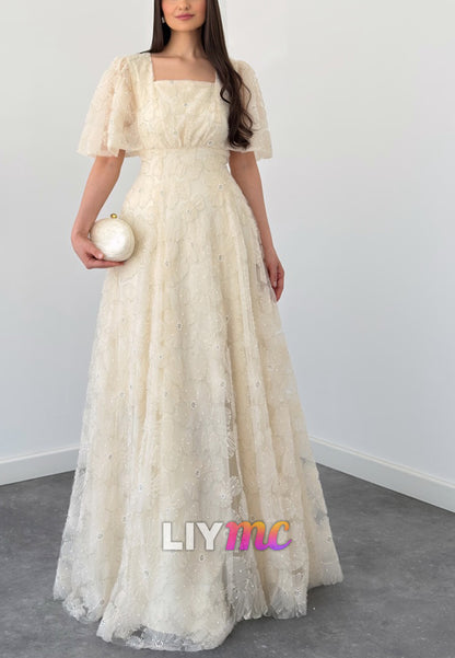 Square Short Sleeves Appliques A-Line Evening Dress