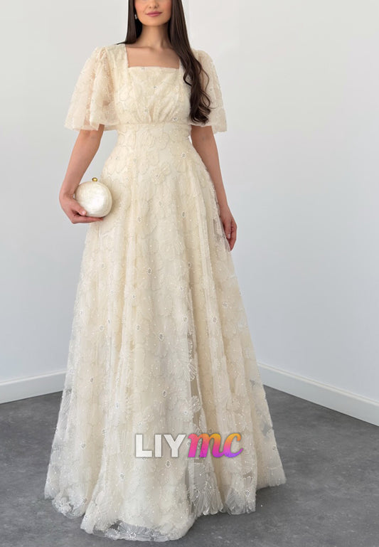 Square Short Sleeves Appliques A-Line Evening Dress