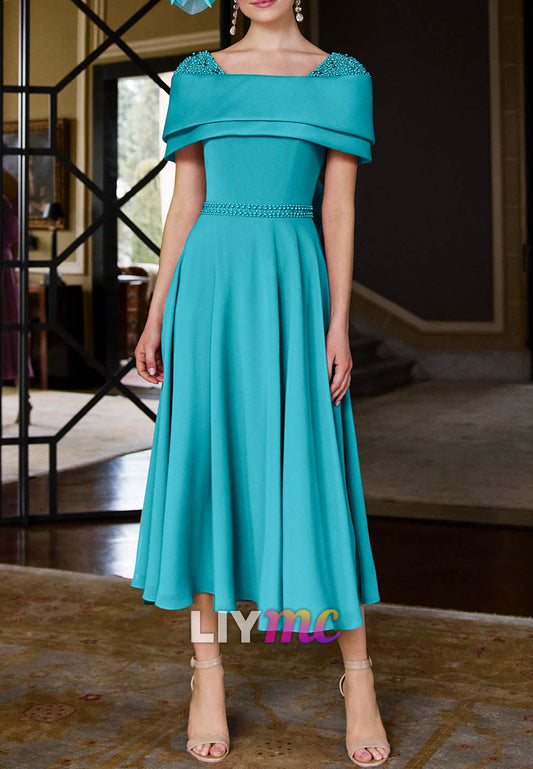 Square Short Sleeves Beaded A-Line Midi Mother of Bride Dress