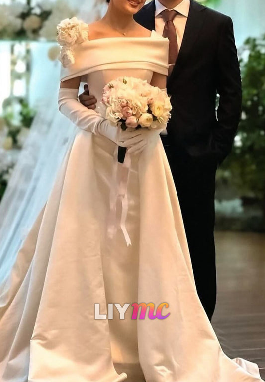 Square Short Sleeves Floral Embellished Sheath Wedding Dress
