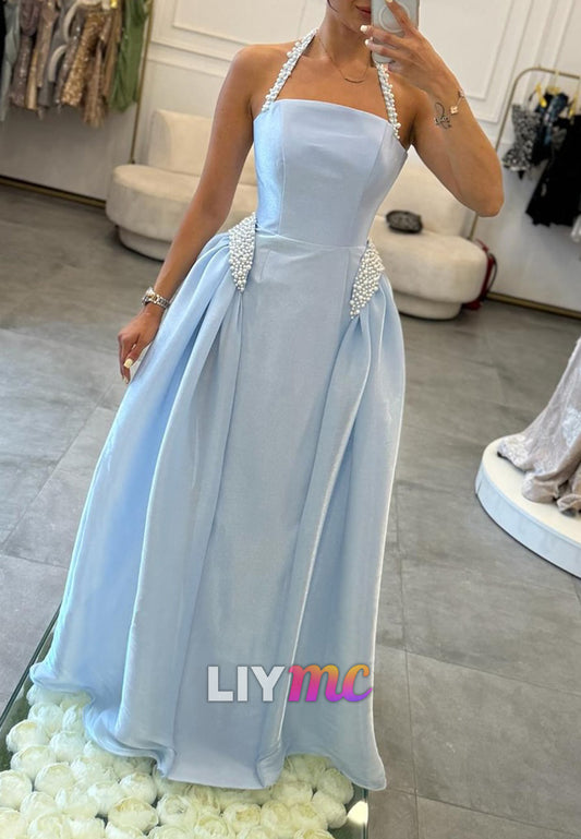 Square Sleeveless Beaded A-Line Satin Evening Dress