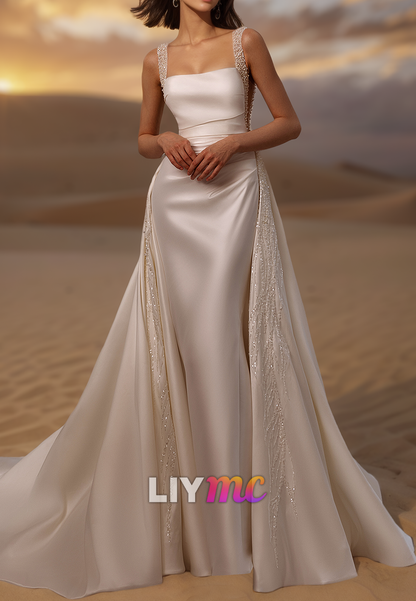 Square Sleeveless Beaded Pleated Satin Sheath Wedding Dress