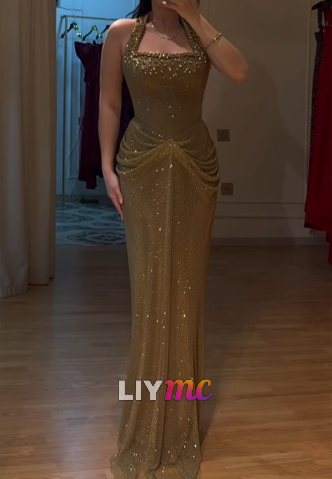 Square Sleeveless Beaded Sparkly Mermaid Prom Dress