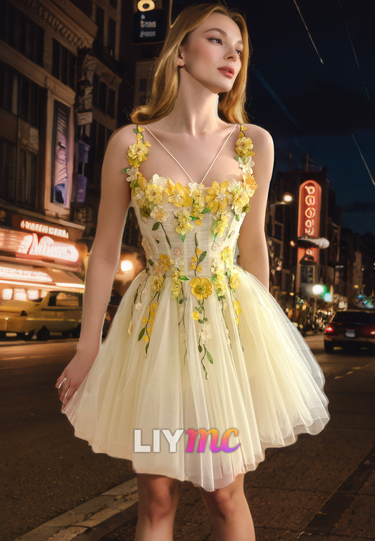 Square Sleeveless Floral Embellished Tulle A-Line Homecoming Dress