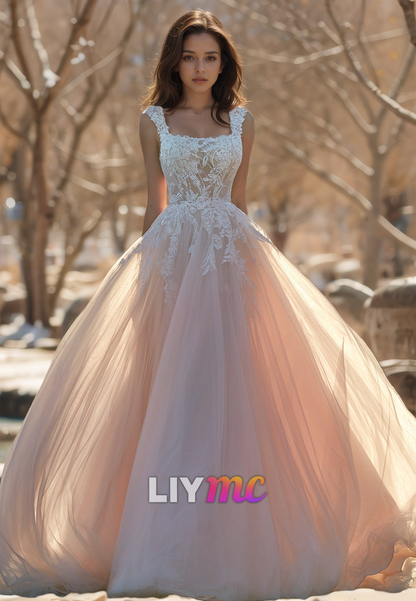 Square Sleeveless Lace Appliques Tulle A-Line Wedding Dress