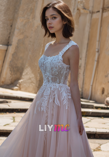 Square Sleeveless Lace Appliques Tulle A-Line Wedding Dress