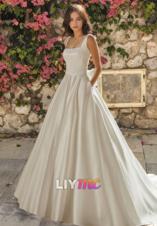 Square Sleeveless Pleated A-Line Wedding Dress