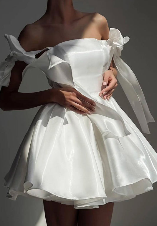Square Sleeveless Pleated Sleek A-Line Short Wedding Dress