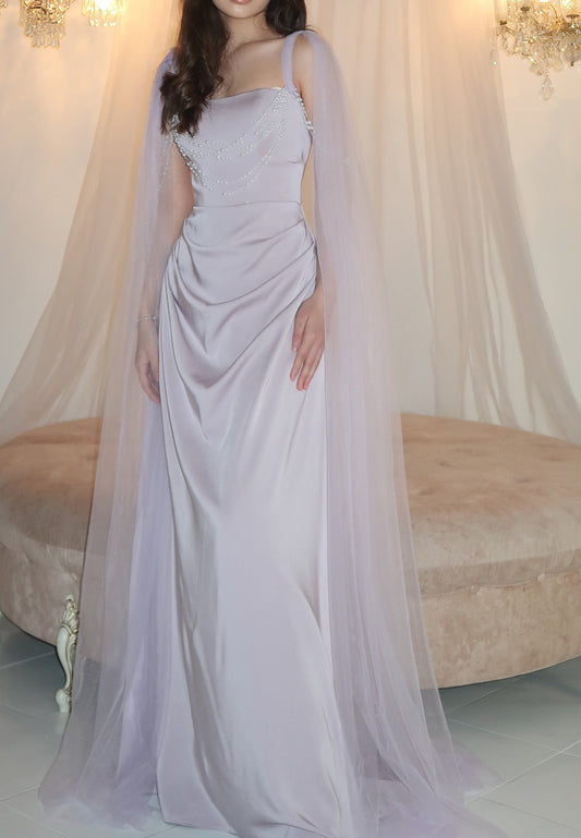 Square Sleeveless Pleated Sleek Pearl Sheath Evening Dress
