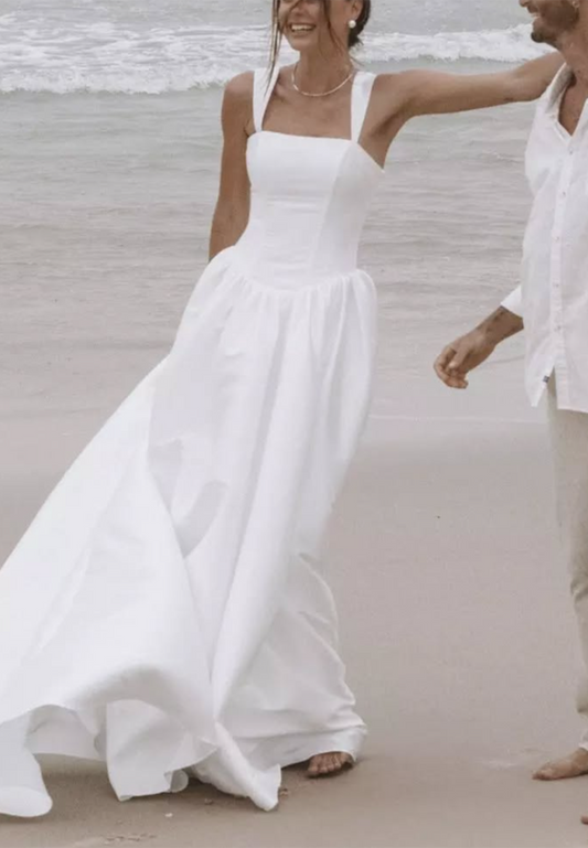 Square Sleeveless Sleek A-Line Satin Wedding Dress