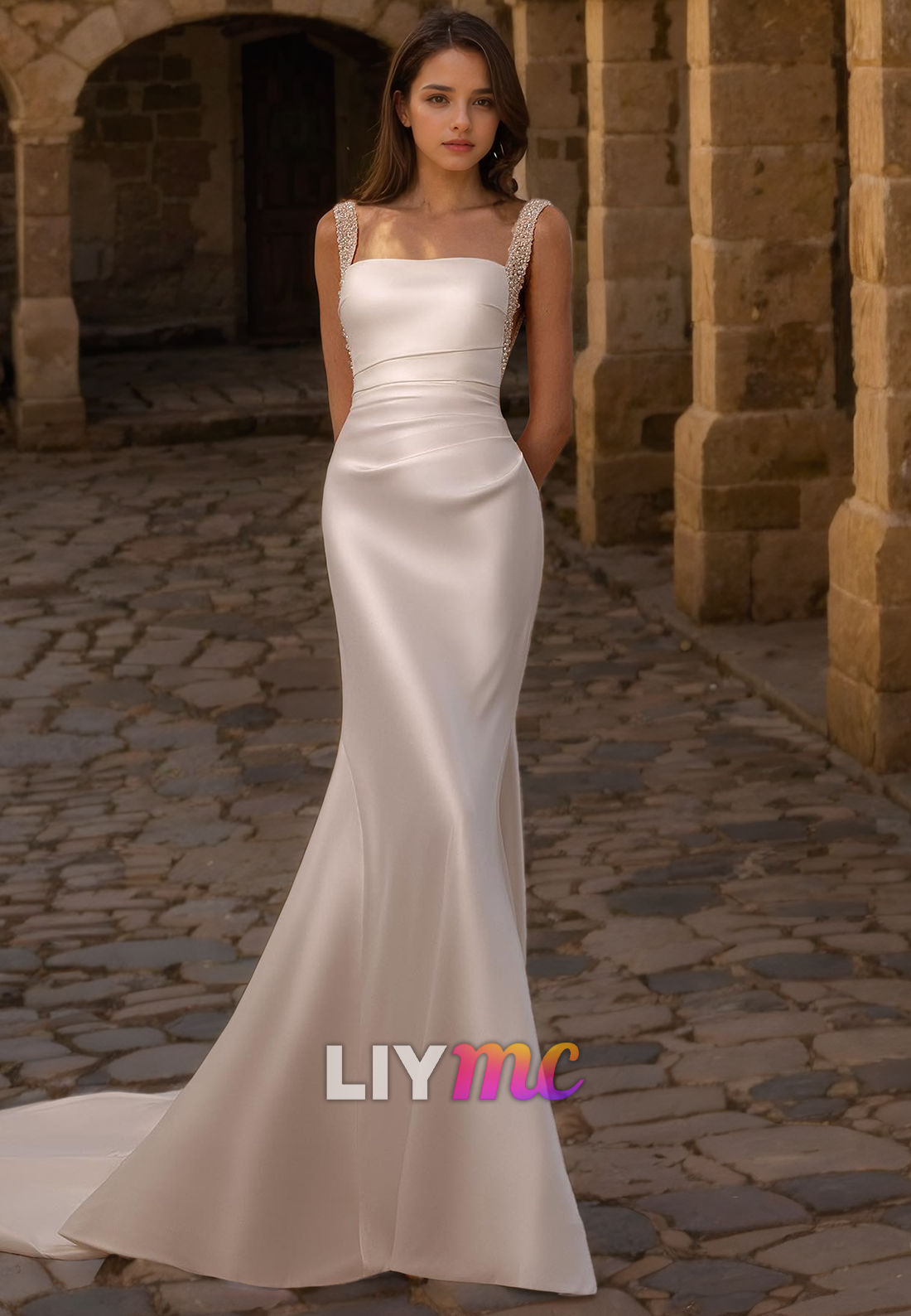 LW712 - Square Sleeveless Beaded Sleek Satin Mermaid Sweep Train Wedding Dress