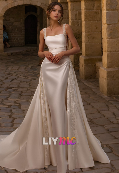 LW712 - Square Sleeveless Beaded Sleek Satin Mermaid Sweep Train Wedding Dress