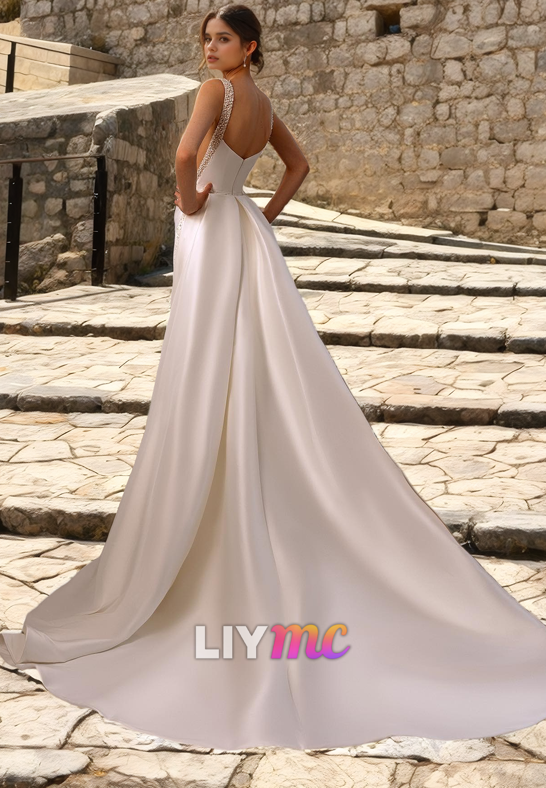 LW712 - Square Sleeveless Beaded Sleek Satin Mermaid Sweep Train Wedding Dress