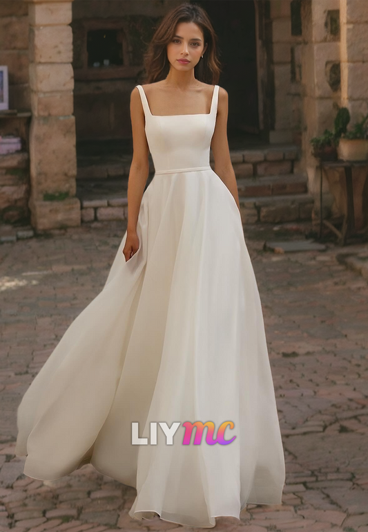 Square Sleeveless Straps Pleated A-Line Wedding Dress