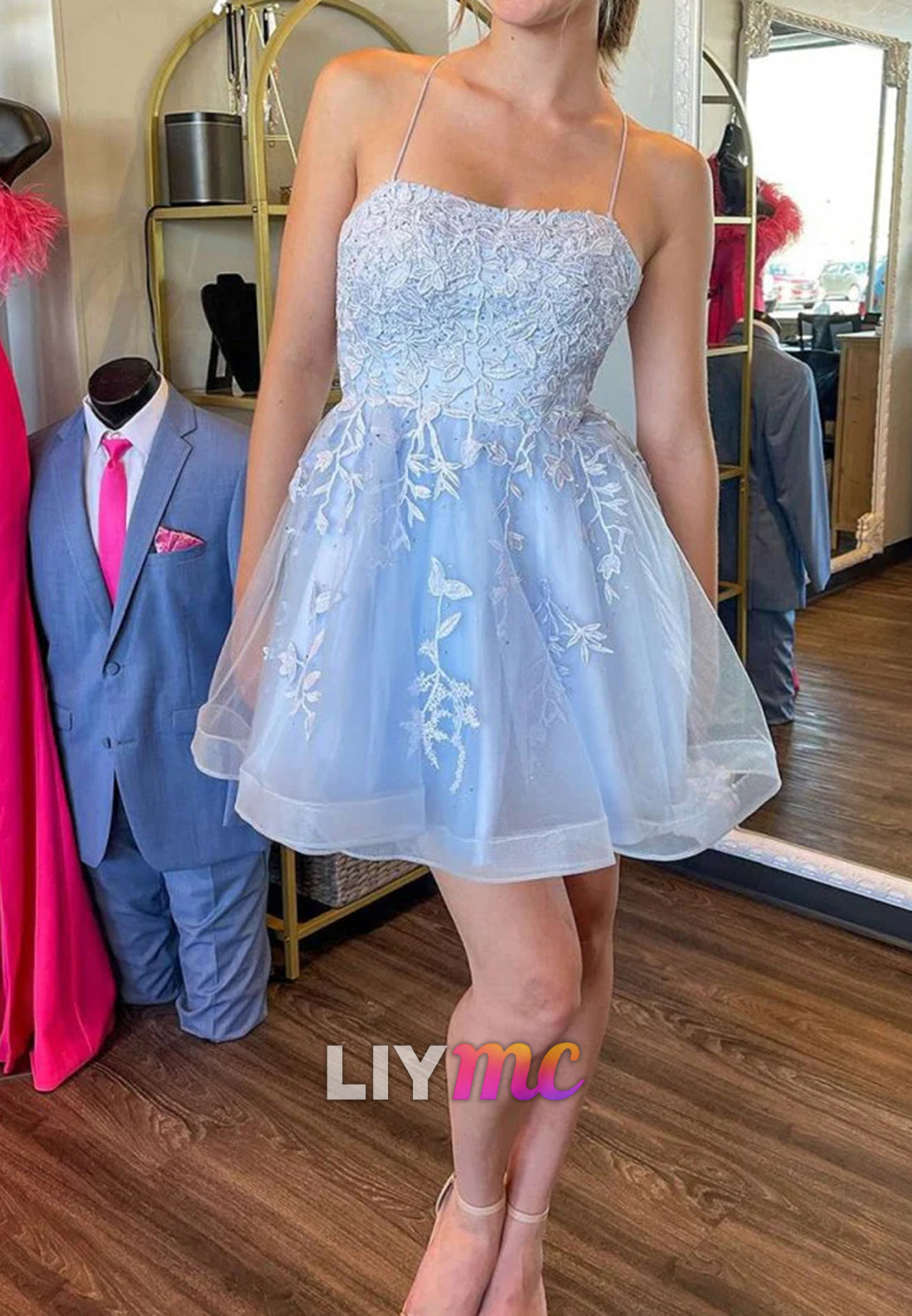 Square Spaghetti Straps Appliques A-Line Party Homecoming Dress