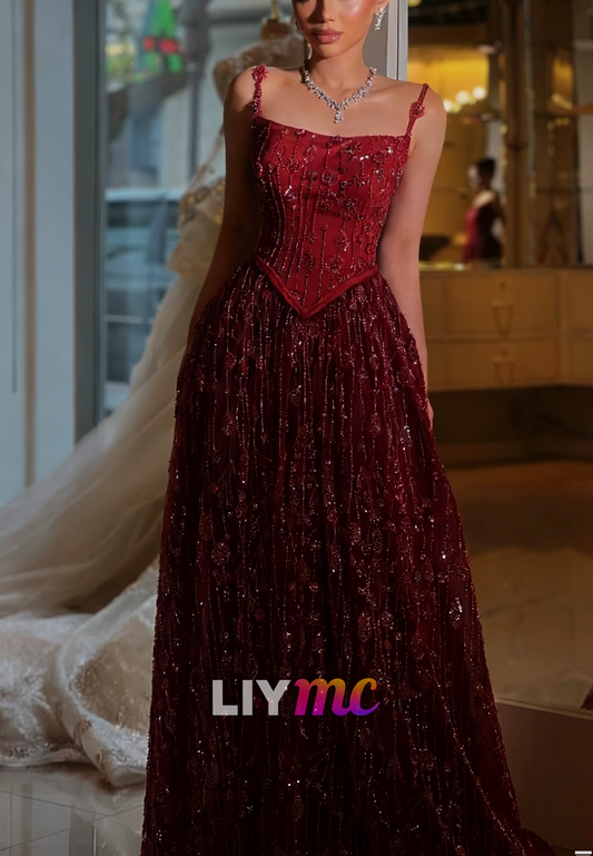 Square Spaghetti Straps Beaded Embroidery Sparkly A-Line Prom Dress