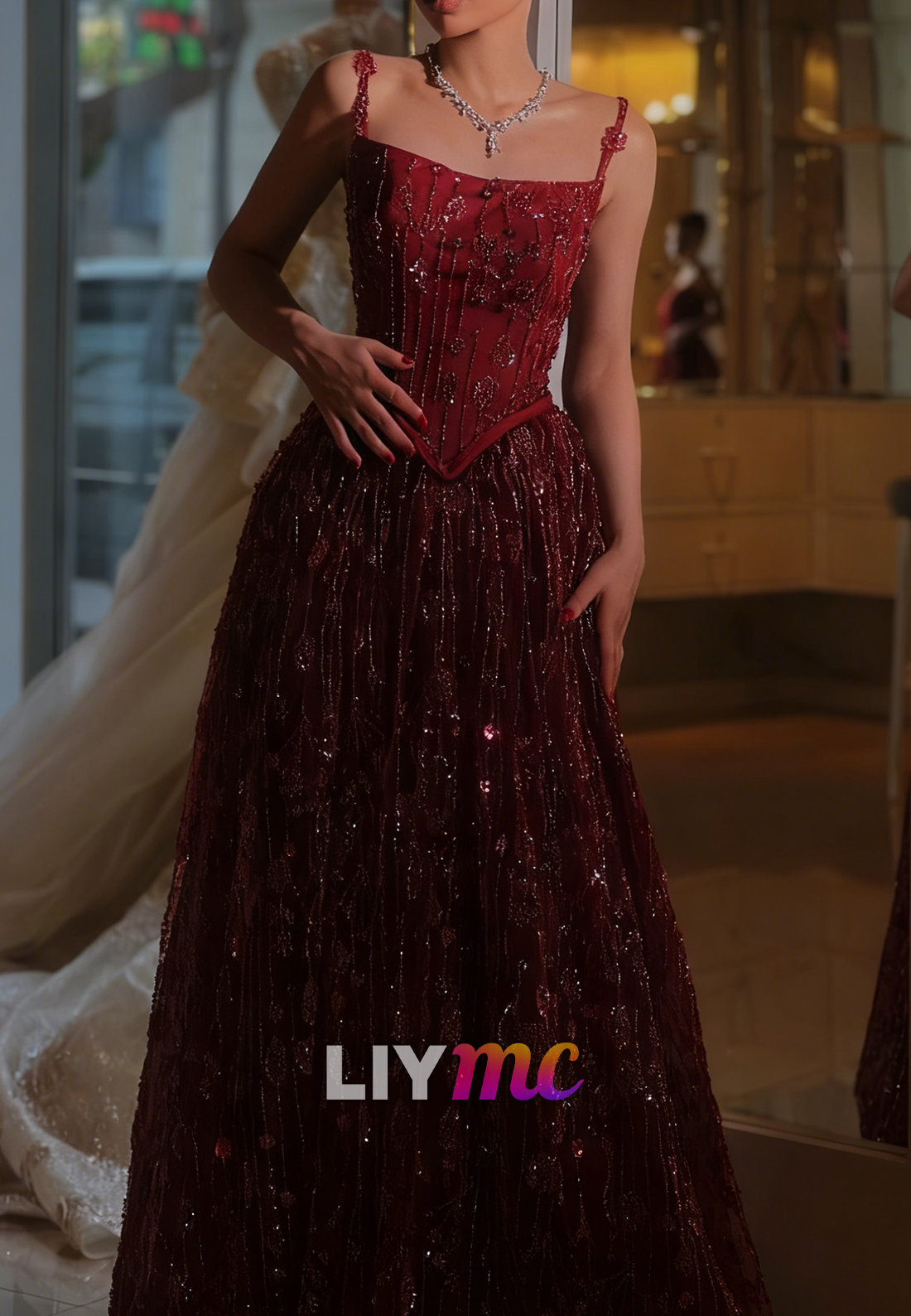 Square Spaghetti Straps Beaded Embroidery Sparkly A-Line Prom Dress