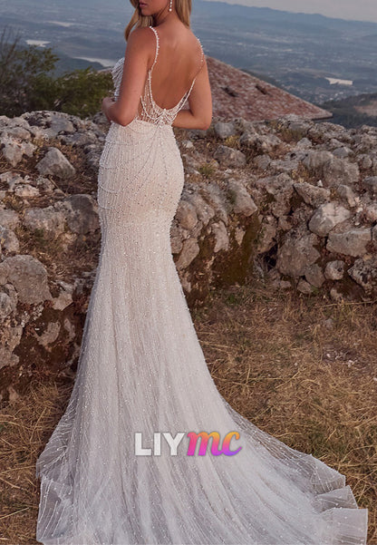 Square Spaghetti Straps Beaded Embroidery Sparkly Mermaid Wedding Dress