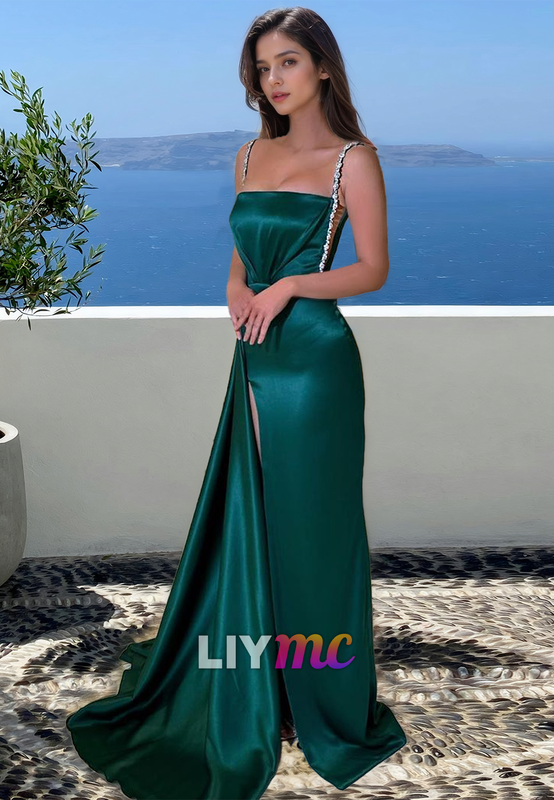 Square Spaghetti Straps Beaded Side Slit Sheath Prom Dress