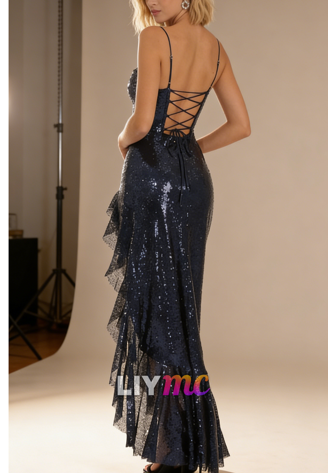 Square Spaghetti Straps Ruffles Sheath Navy Prom Dress