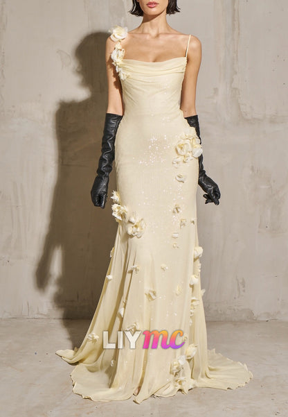 Square Spaghetti Straps Sparkly Appliques Mermaid Prom Dress