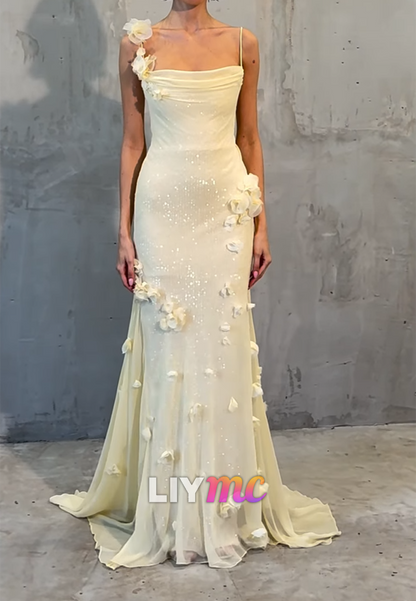 Square Spaghetti Straps Sparkly Appliques Mermaid Prom Dress