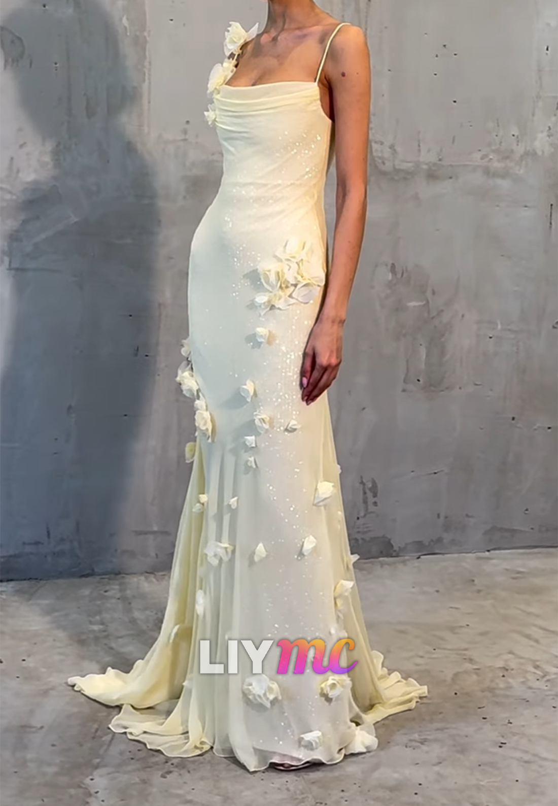 Square Spaghetti Straps Sparkly Appliques Mermaid Prom Dress